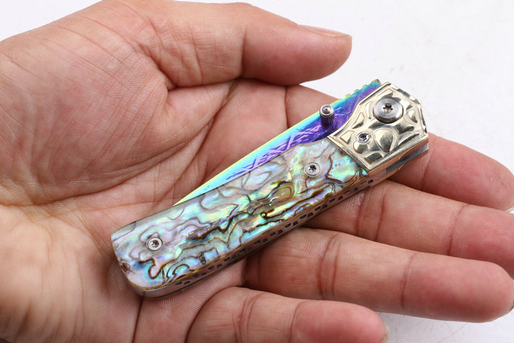 Damascus blade material Silk color Abalone handle folding knife with Titanium coated surface UD404442